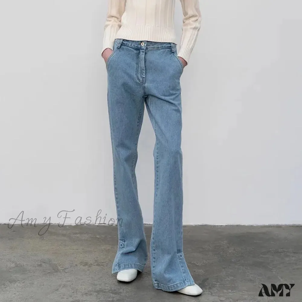 Amy Fashion - High Quality Women Spring and Autumn All-match Side Slit Straight High Waist Bootcut Jean