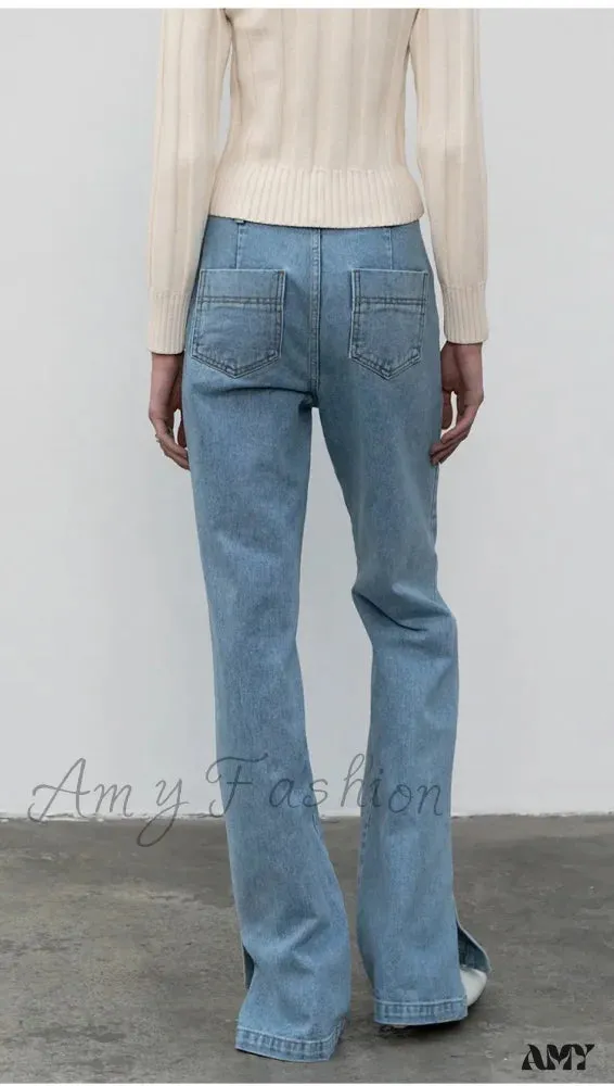 Amy Fashion - High Quality Women Spring and Autumn All-match Side Slit Straight High Waist Bootcut Jean