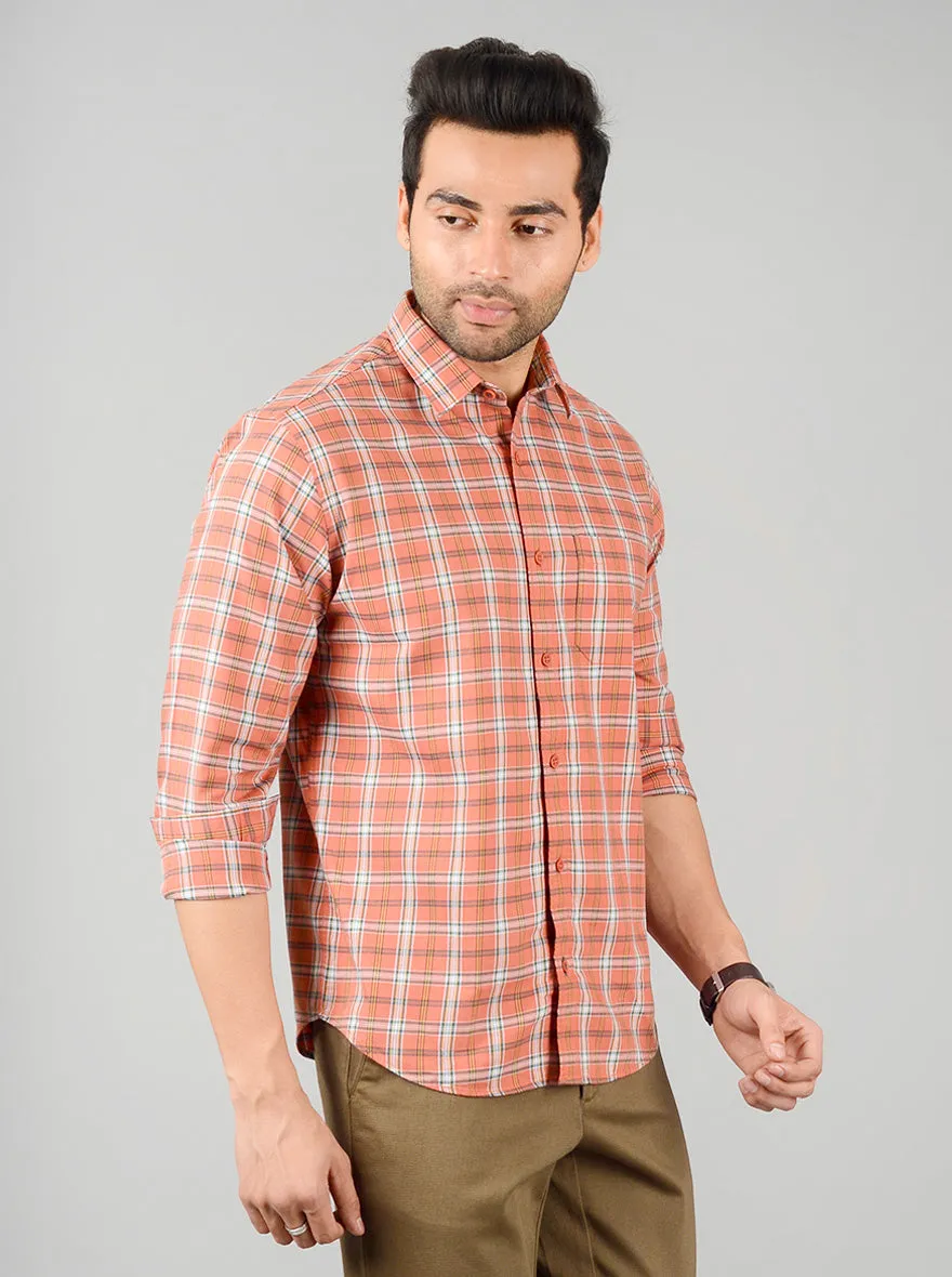 Apricot Orange Checked Regular Fit Casual Shirt | Greenfibre