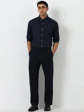 Ascot Navy Solid Relaxed-Fit Mid-Rise Cotton Blend Chinos