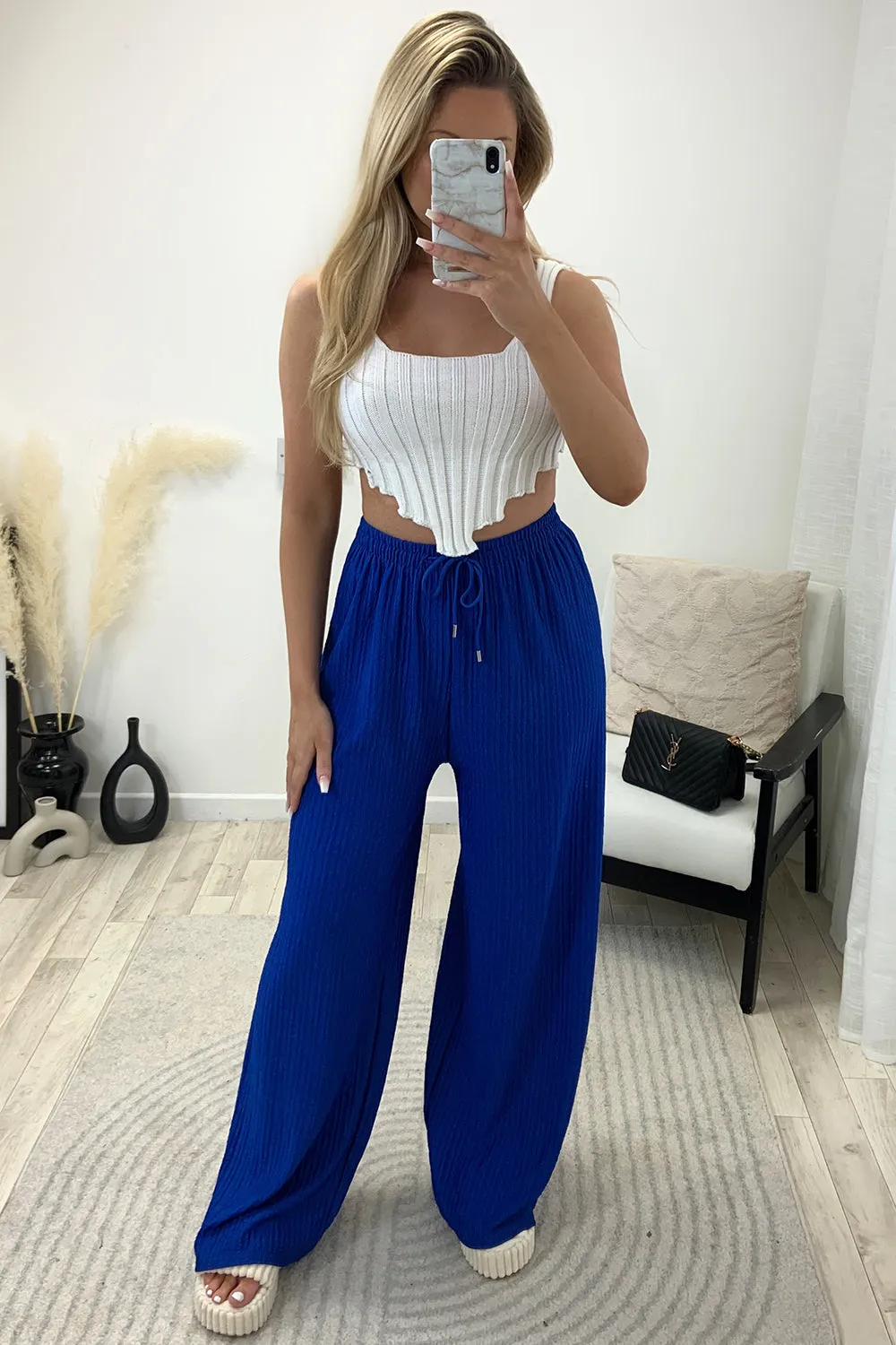 Ashleen Royal Blue Textured High Waisted Drawstring Wide Leg Trousers