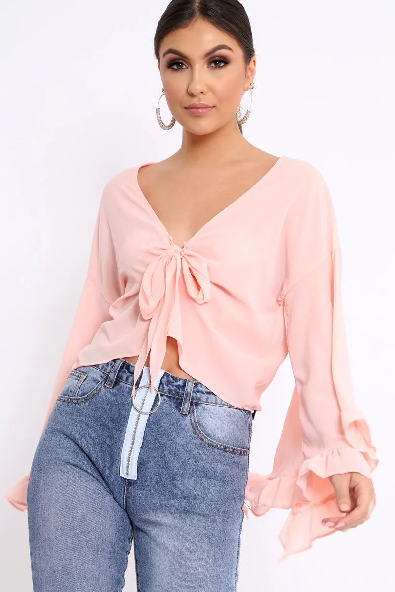 Baby Pink Extreme Bell Flared Sleeved Crop Top - Natia