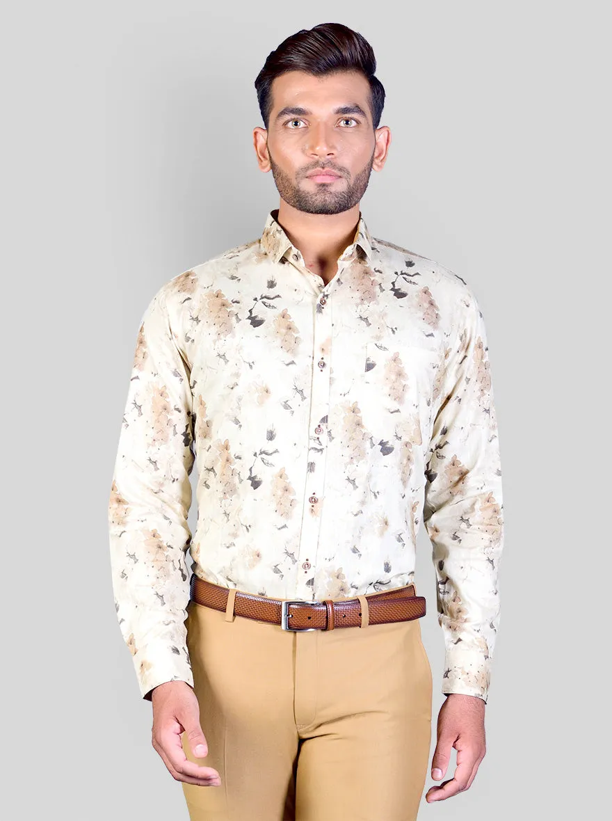 Beige & Brown Printed Slim Fit Party Wear Shirt | Greenfibre