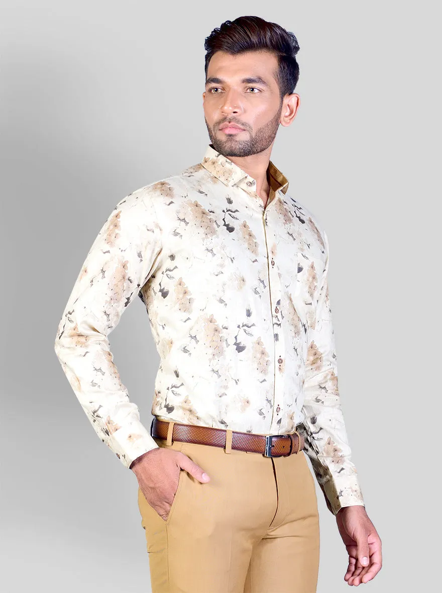 Beige & Brown Printed Slim Fit Party Wear Shirt | Greenfibre