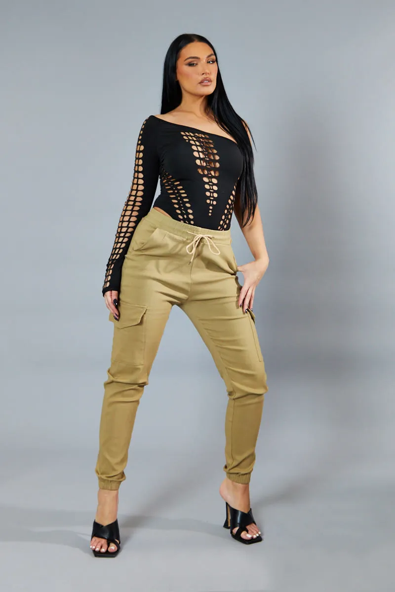 Beige Cuffed Hem Cargo Trousers - Rain