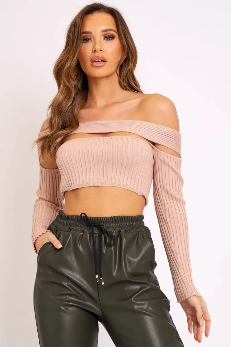 Beige Ribbed Long Sleeve Extreme Cut Out Crop Top - Shaina