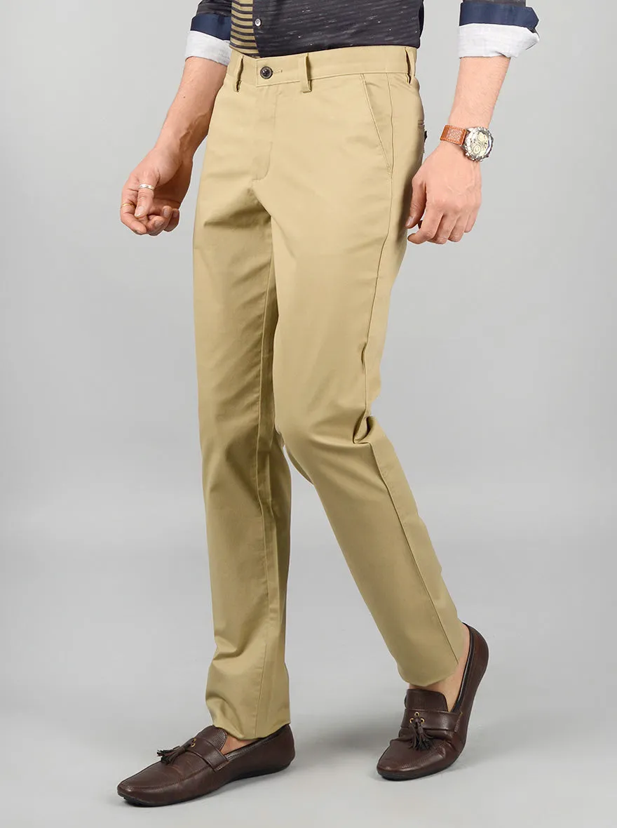 Beige Solid Slim Fit Casual Trouser | JadeBlue