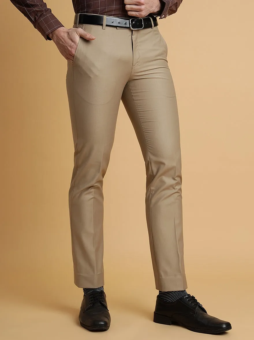 Beige Solid Slim Fit Formal Trouser | Metal