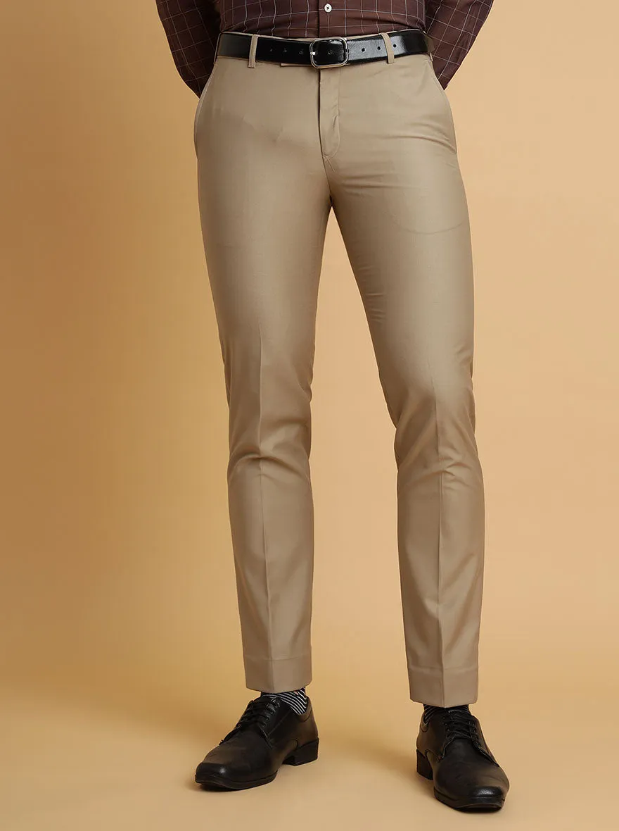 Beige Solid Slim Fit Formal Trouser | Metal