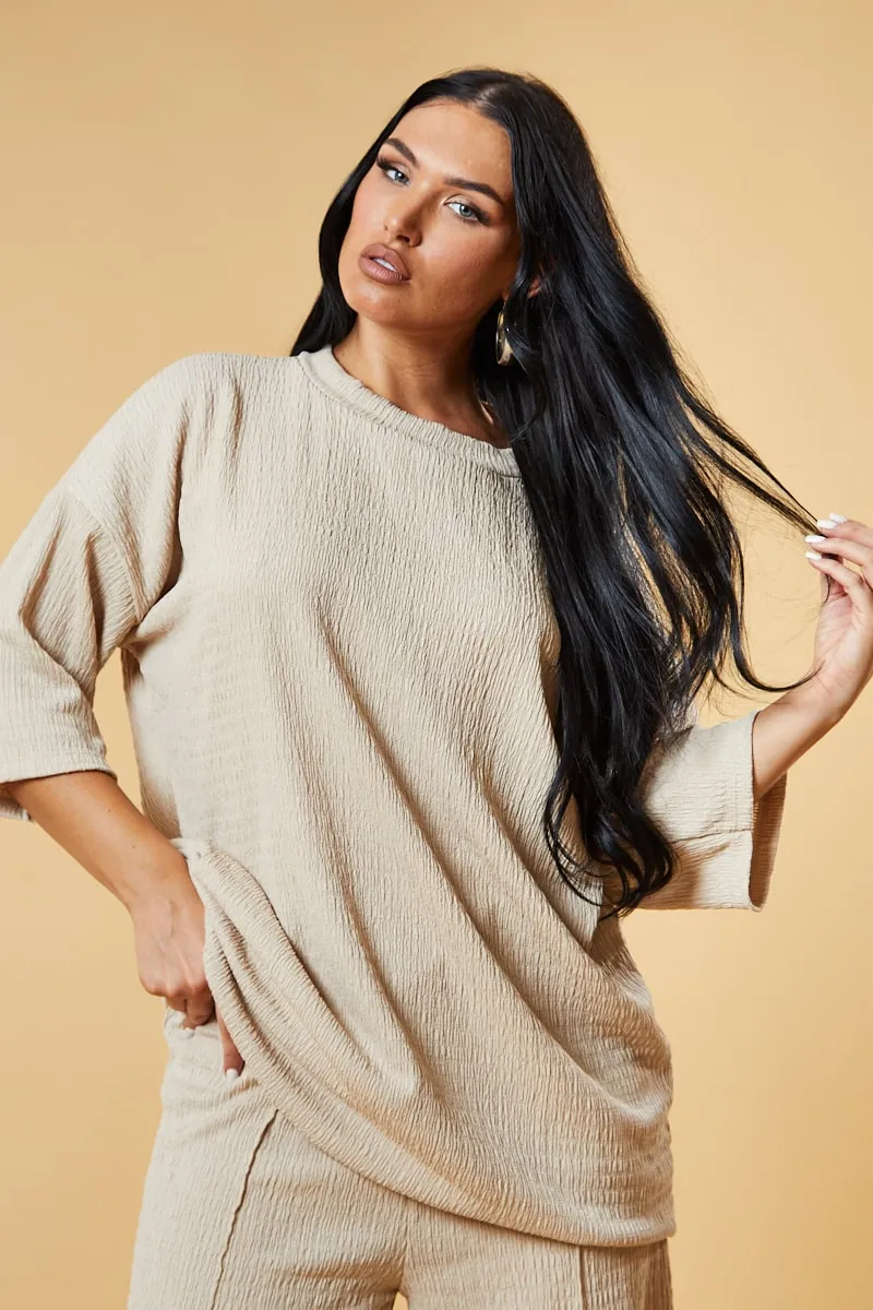 Beige Textured Knit Trousers & Oversized Top Co-ord Set - Cecelia