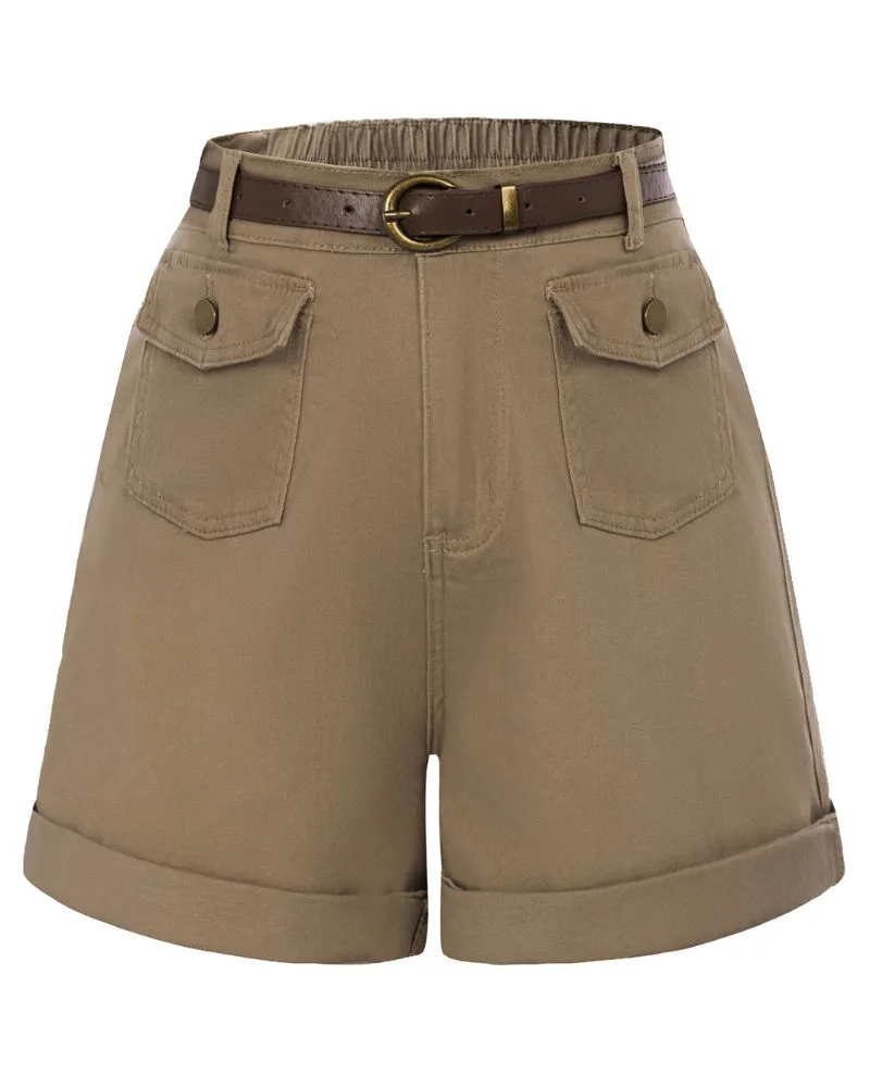 Bermuda Shorts Elastic Waist Wide Leg Shorts with Pockets & Belts