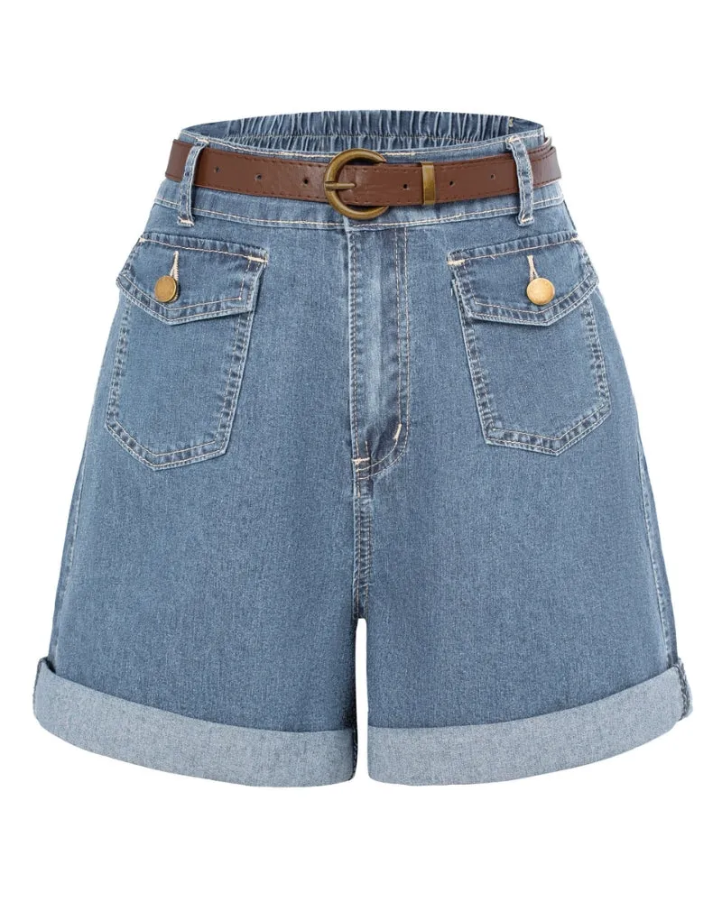 Bermuda Shorts Elastic Waist Wide Leg Shorts with Pockets & Belts