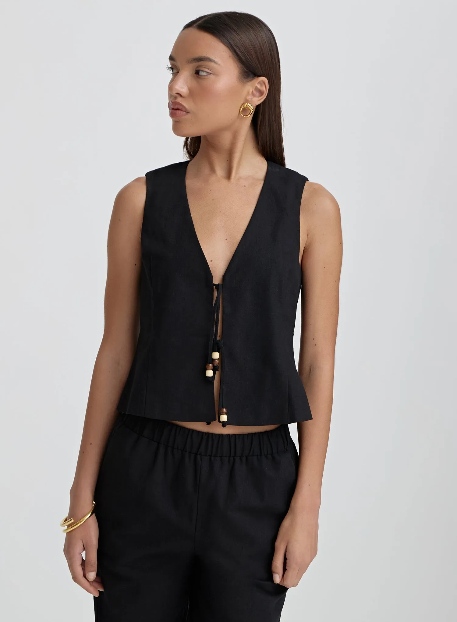 Black Beaded Tie Front Waistcoat- Zella