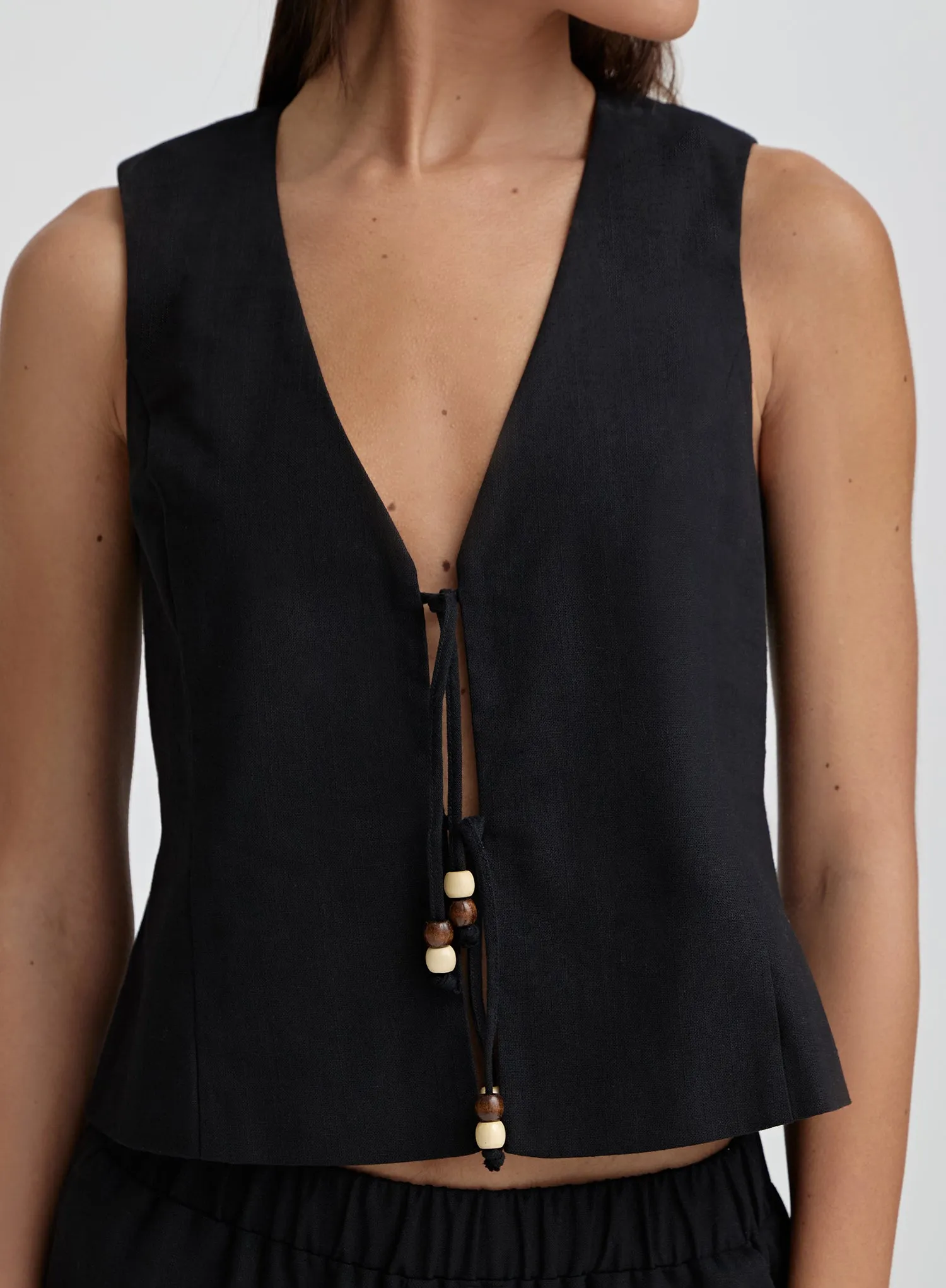 Black Beaded Tie Front Waistcoat- Zella