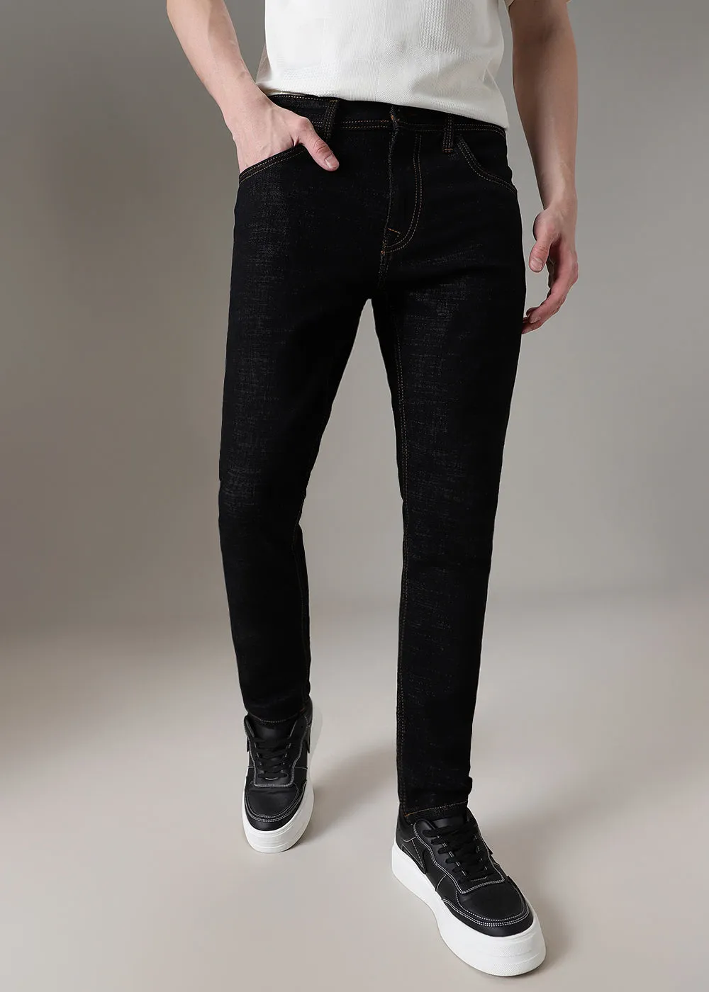 Black Contrast Thread Slim Fit Denim