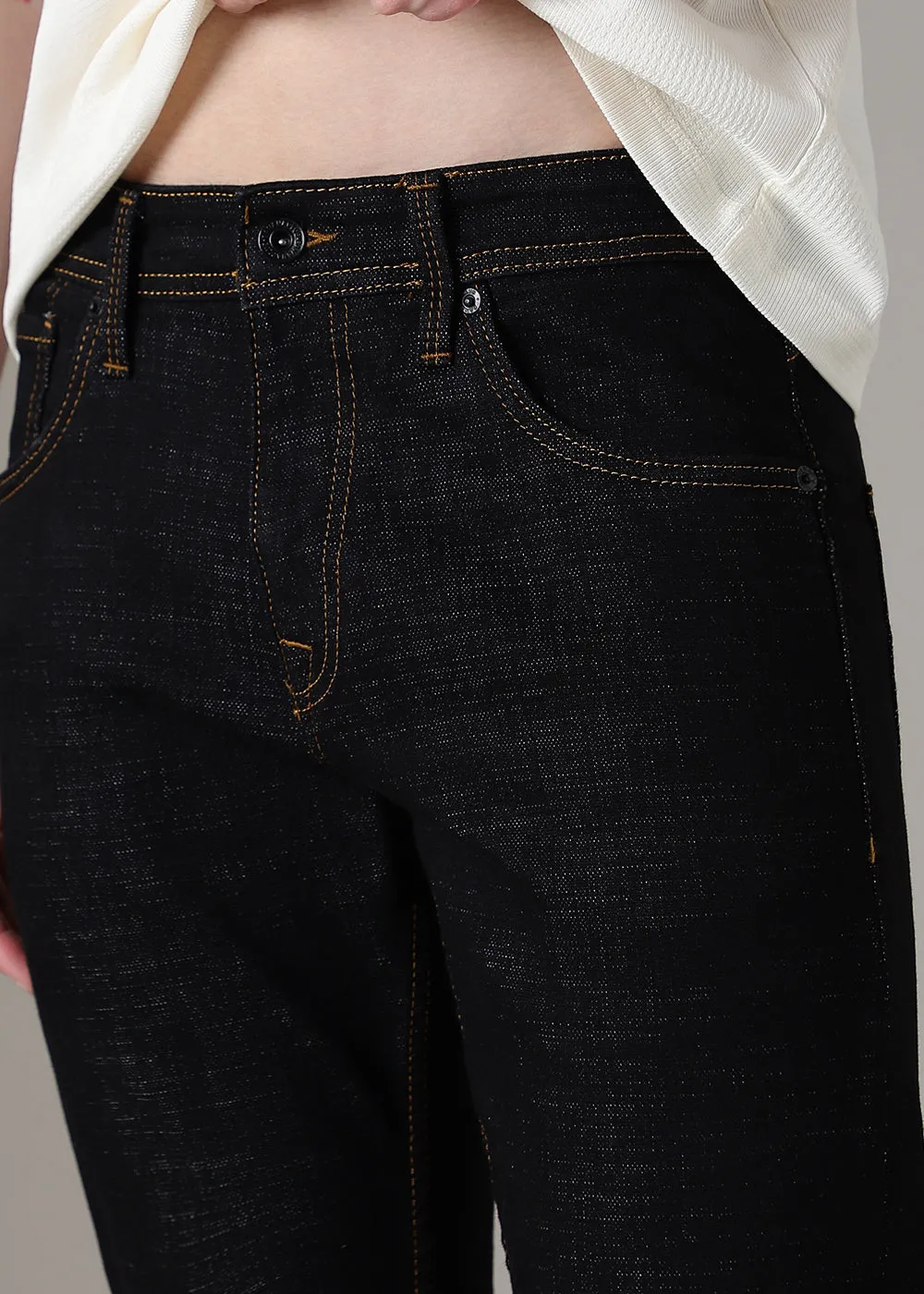 Black Contrast Thread Slim Fit Denim