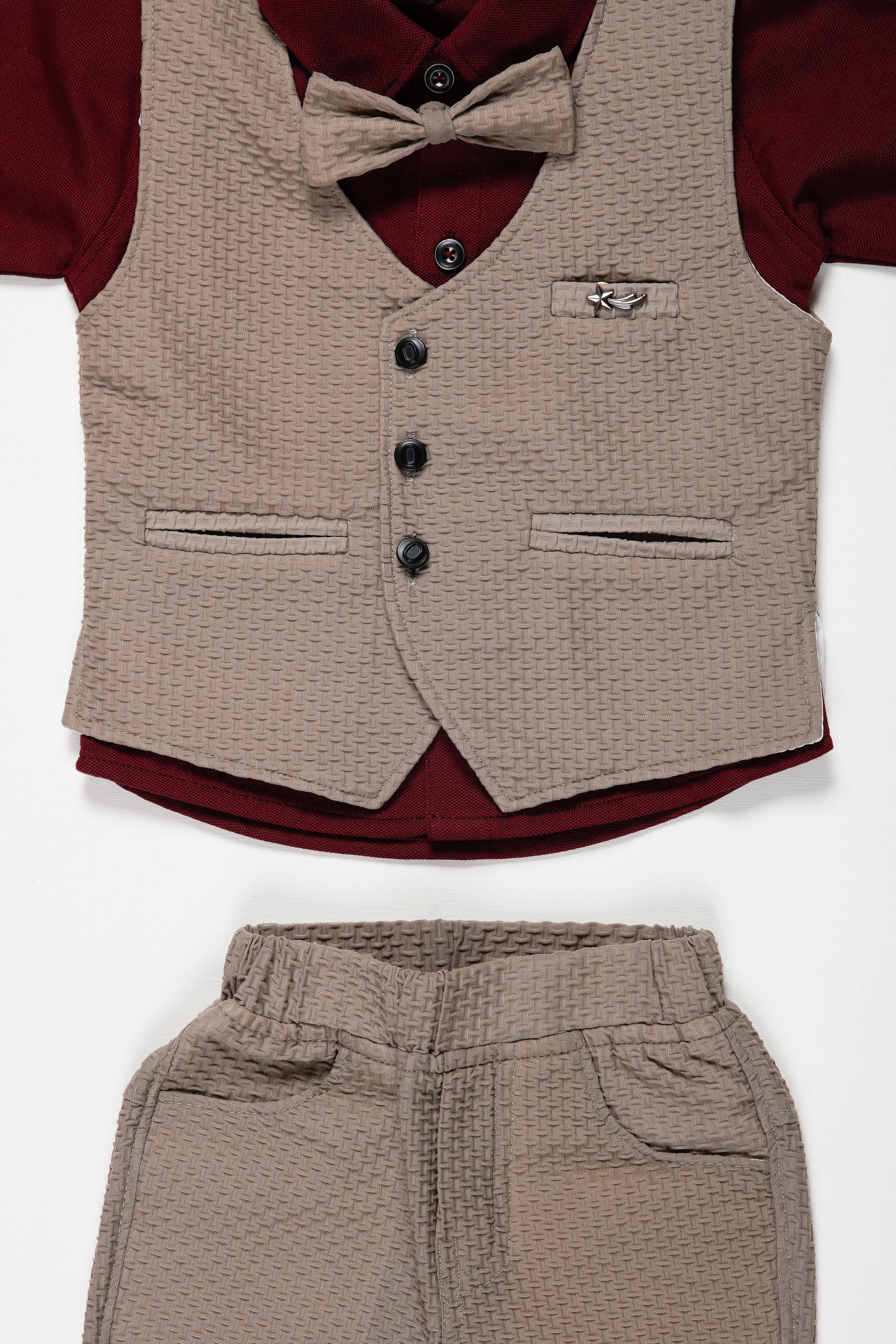 Boys Tailored Vest Suit Set with Contrast Trousers and Bow Tie