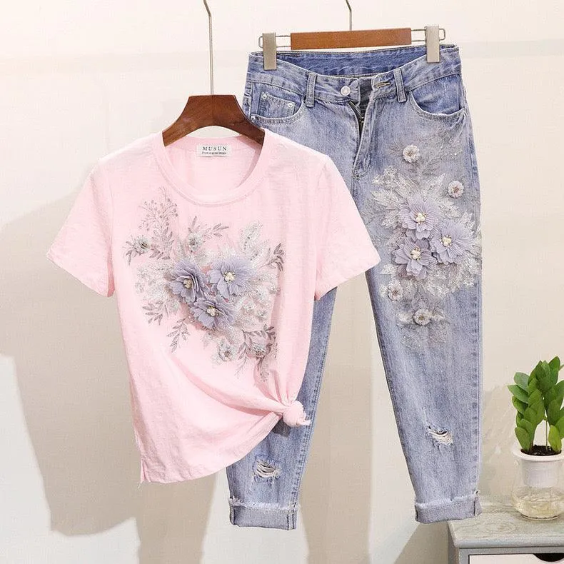 Brisket Embellished Set of Top and Denims