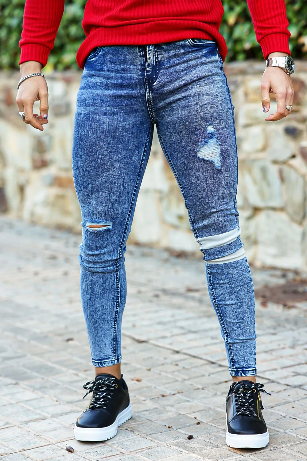 Buy $80 Free Shipping Men's Blue Ripped Skinny Jean