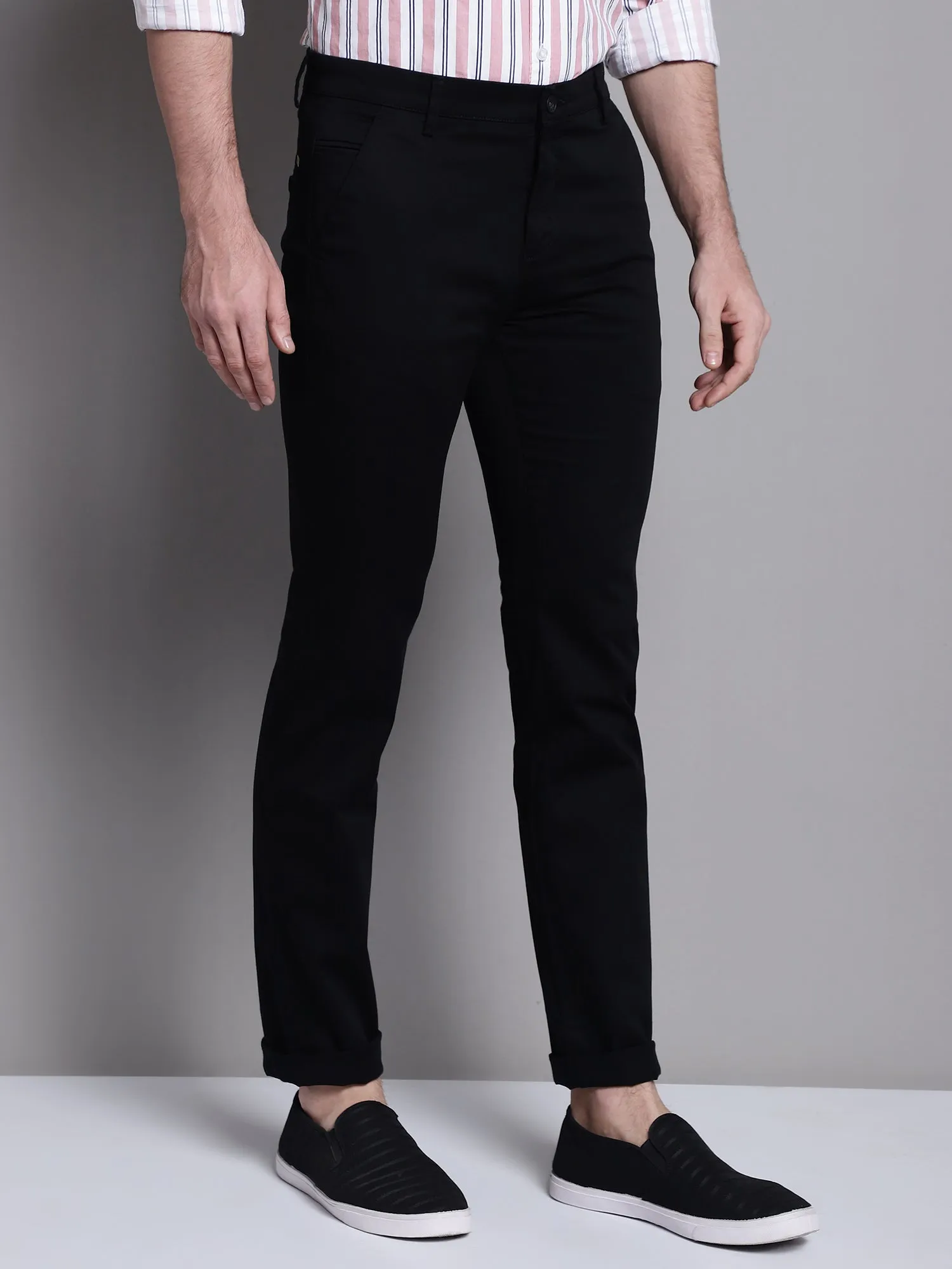 Cantabil Black Solid Non Pleated Regular Fit Mid Rise Casual Trousers for Men