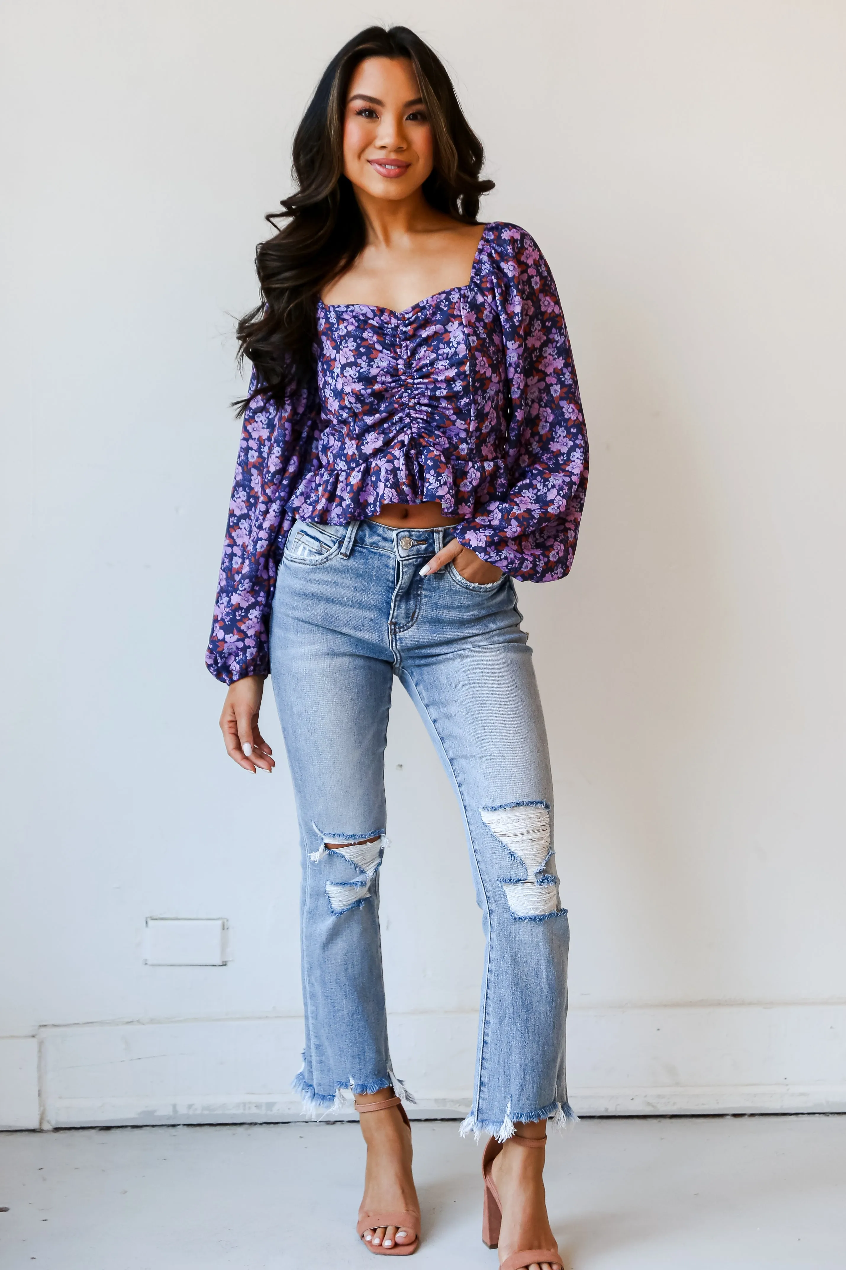 Cindy Light Wash Distressed Crop Flare Jeans Plus