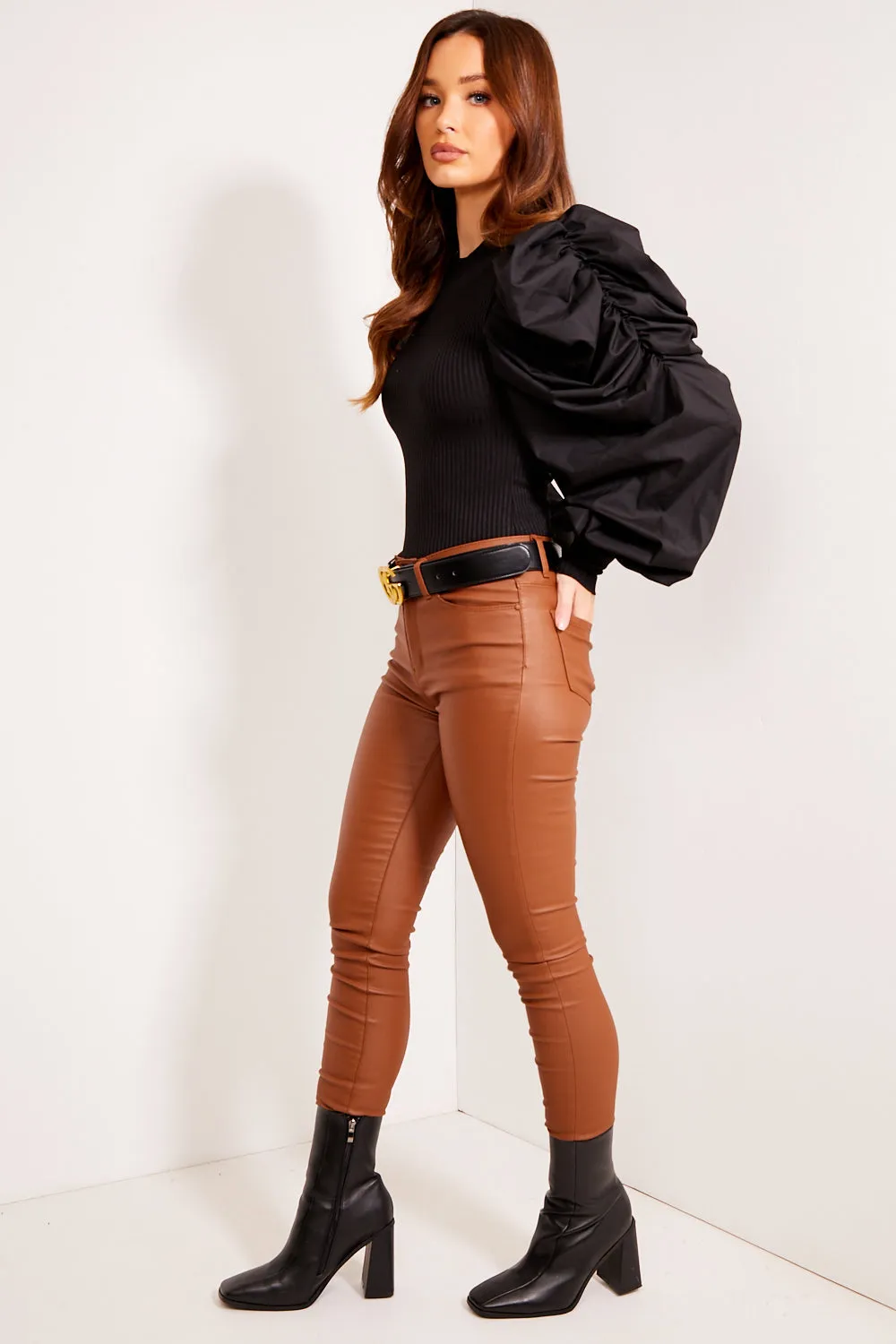 Claudia Camel Faux Leather PU Skinny Jeans