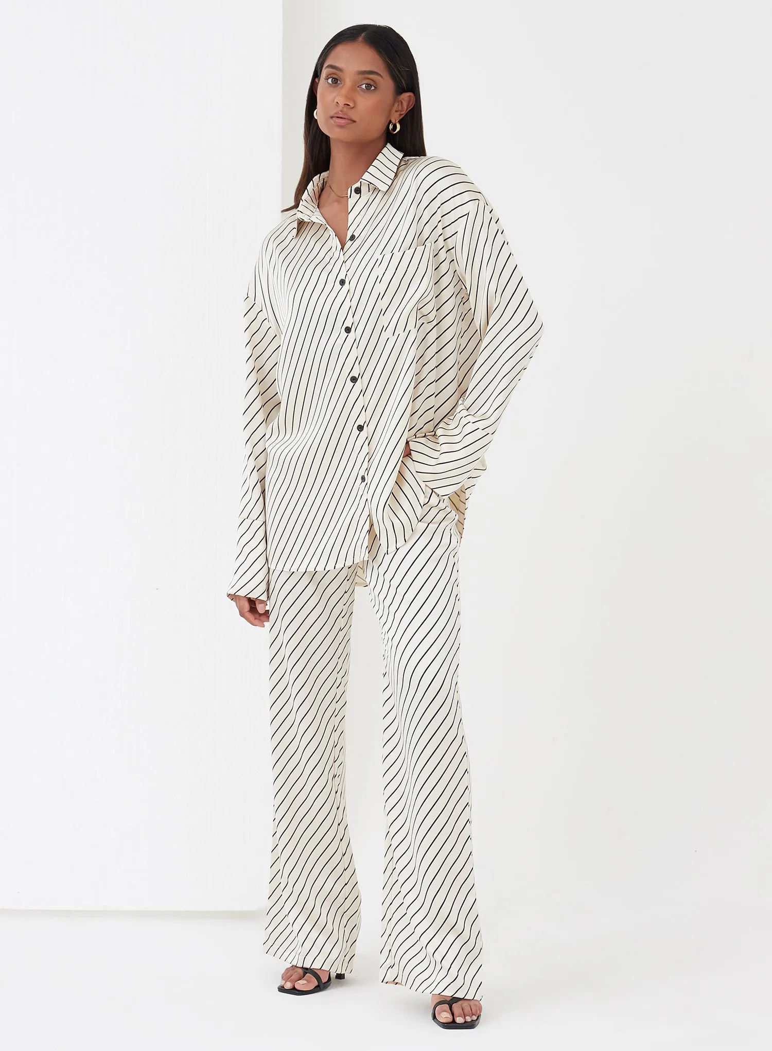 Cream Diagonal Stripe Satin Shirt - Norma