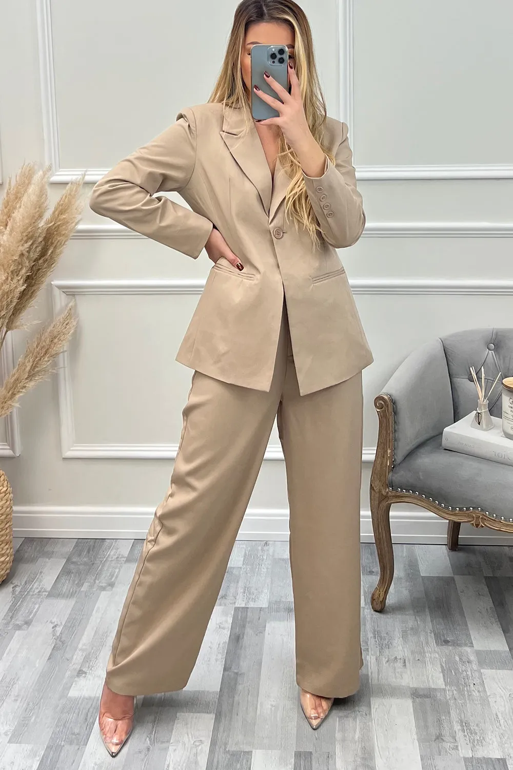 Cyndi Beige High Waisted Wide Leg Tailored Trousers