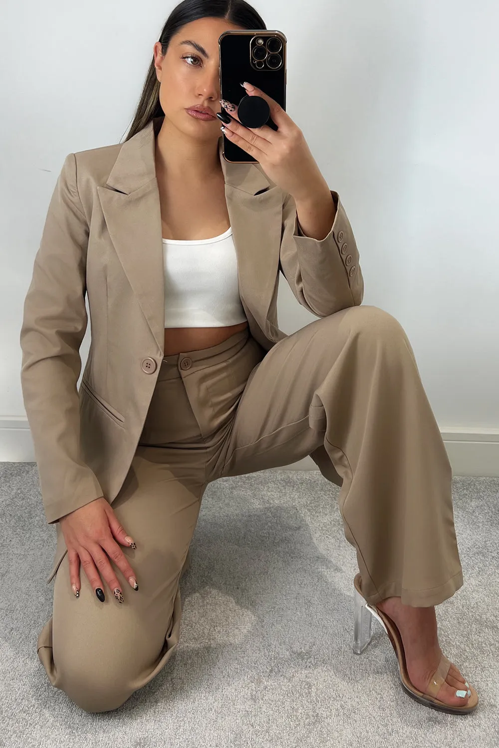 Cyndi Beige High Waisted Wide Leg Tailored Trousers