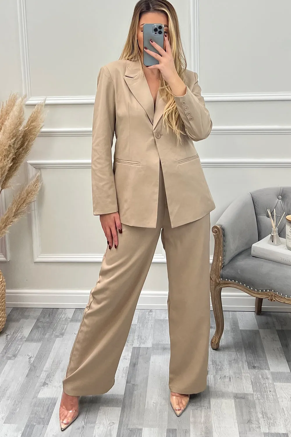 Cyndi Beige High Waisted Wide Leg Tailored Trousers