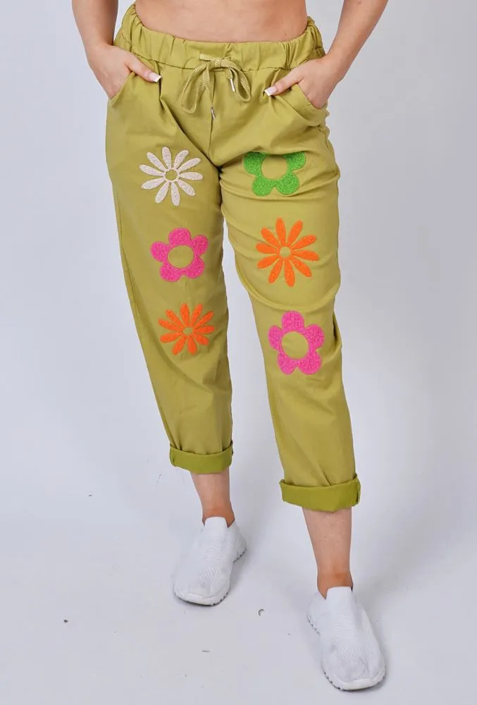 Daisy Flower Pattern Pockets Trousers