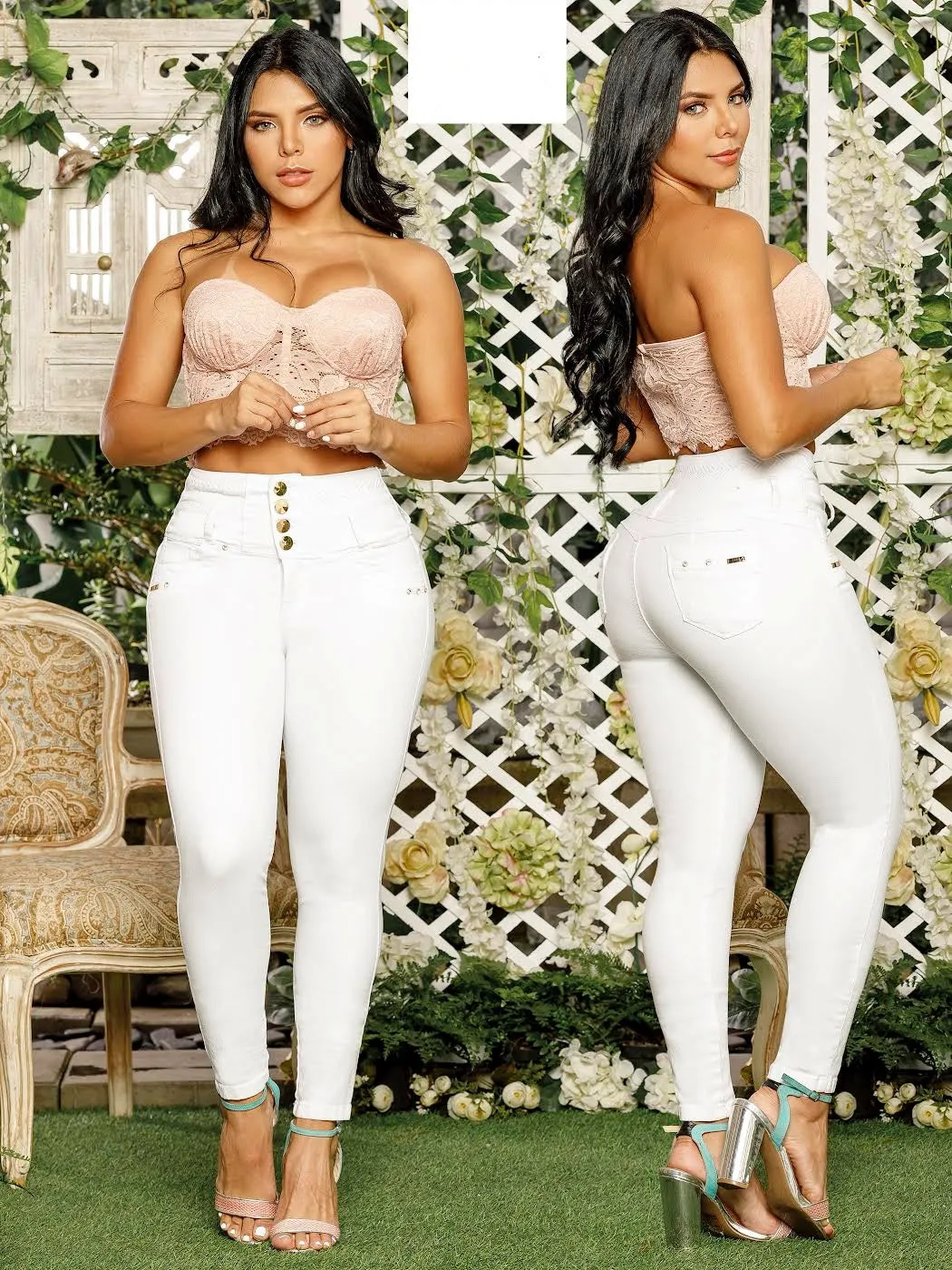 White High-Waist 4-Button Push-Up Jeans with Abdomen Control - DM Shapewear Style 6476