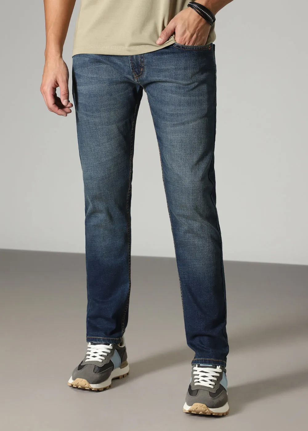 Faded Dark Blue Straight Fit Jeans