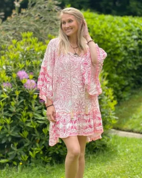 Flower Printed Frilled Dress - Pink