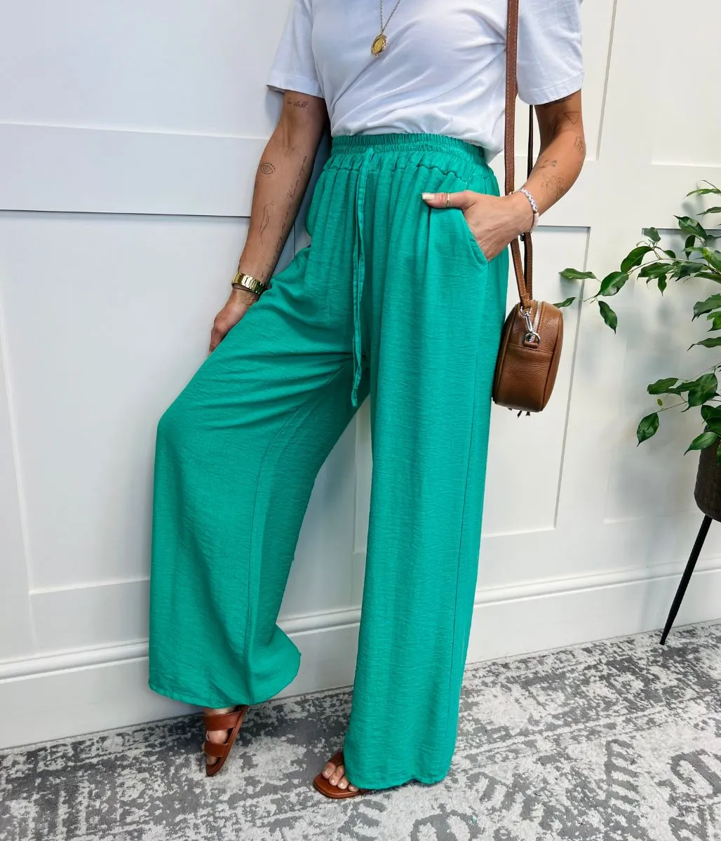 Green Linen Look Wide Trousers