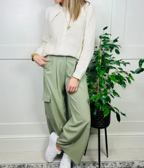 Green Wide Leg Cargo Trousers