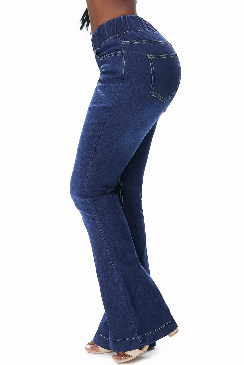 High Waisted Elastic Waist Flare Jeans Bell Bottom for Women