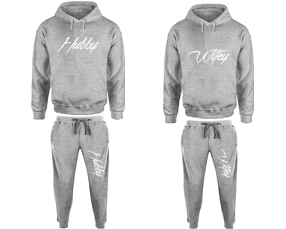 Hubby Wifey Couple Matching Pullover Hoodies and Jogger Pants Top & Bottom Sets