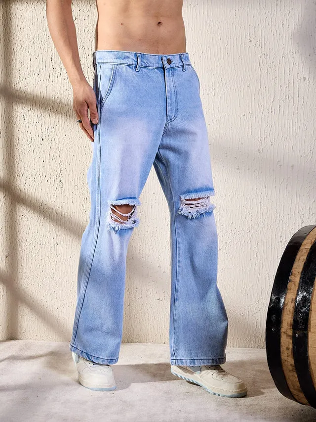 Ice knee ripped flared denim