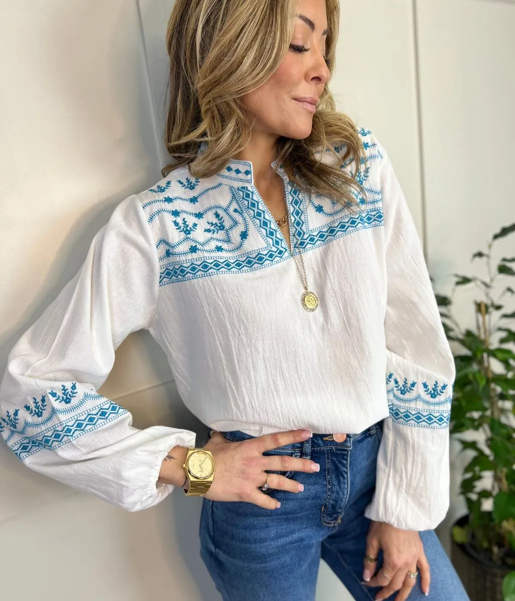 Ivory & Blue Boho Festival Embroidered Blouse Top