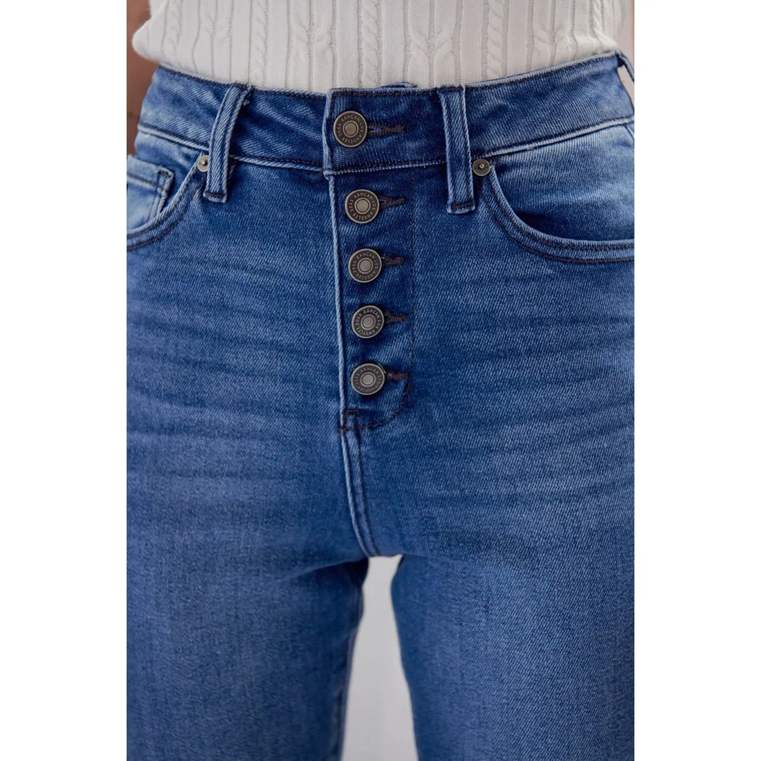 KanCan High Rise Exposed Button Bootcut Jeans