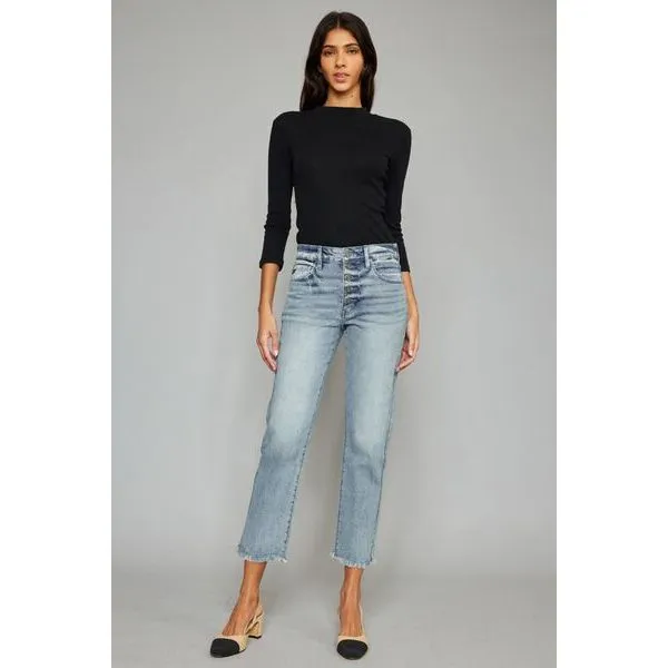 Kancan High Waist Button Fly Raw Hem Cropped Straight Jeans