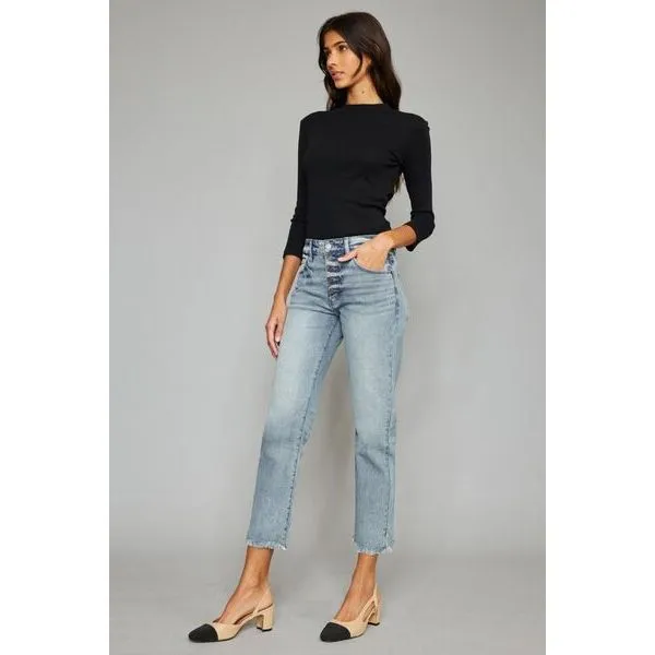 Kancan High Waist Button Fly Raw Hem Cropped Straight Jeans