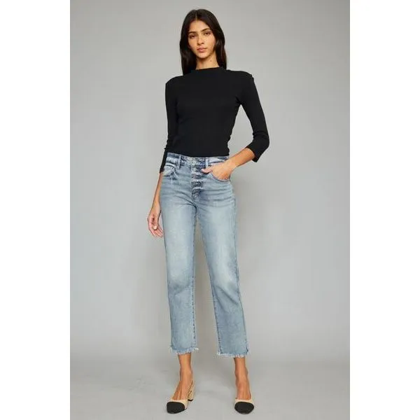 Kancan High Waist Button Fly Raw Hem Cropped Straight Jeans