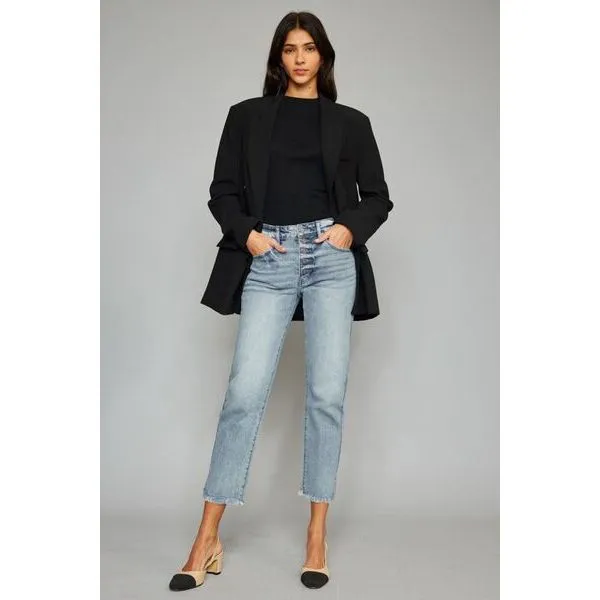 Kancan High Waist Button Fly Raw Hem Cropped Straight Jeans