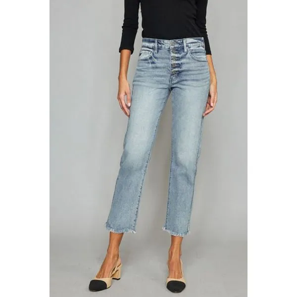 Kancan High Waist Button Fly Raw Hem Cropped Straight Jeans