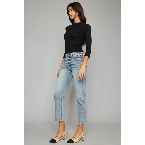 Kancan High Waist Button Fly Raw Hem Cropped Straight Jeans