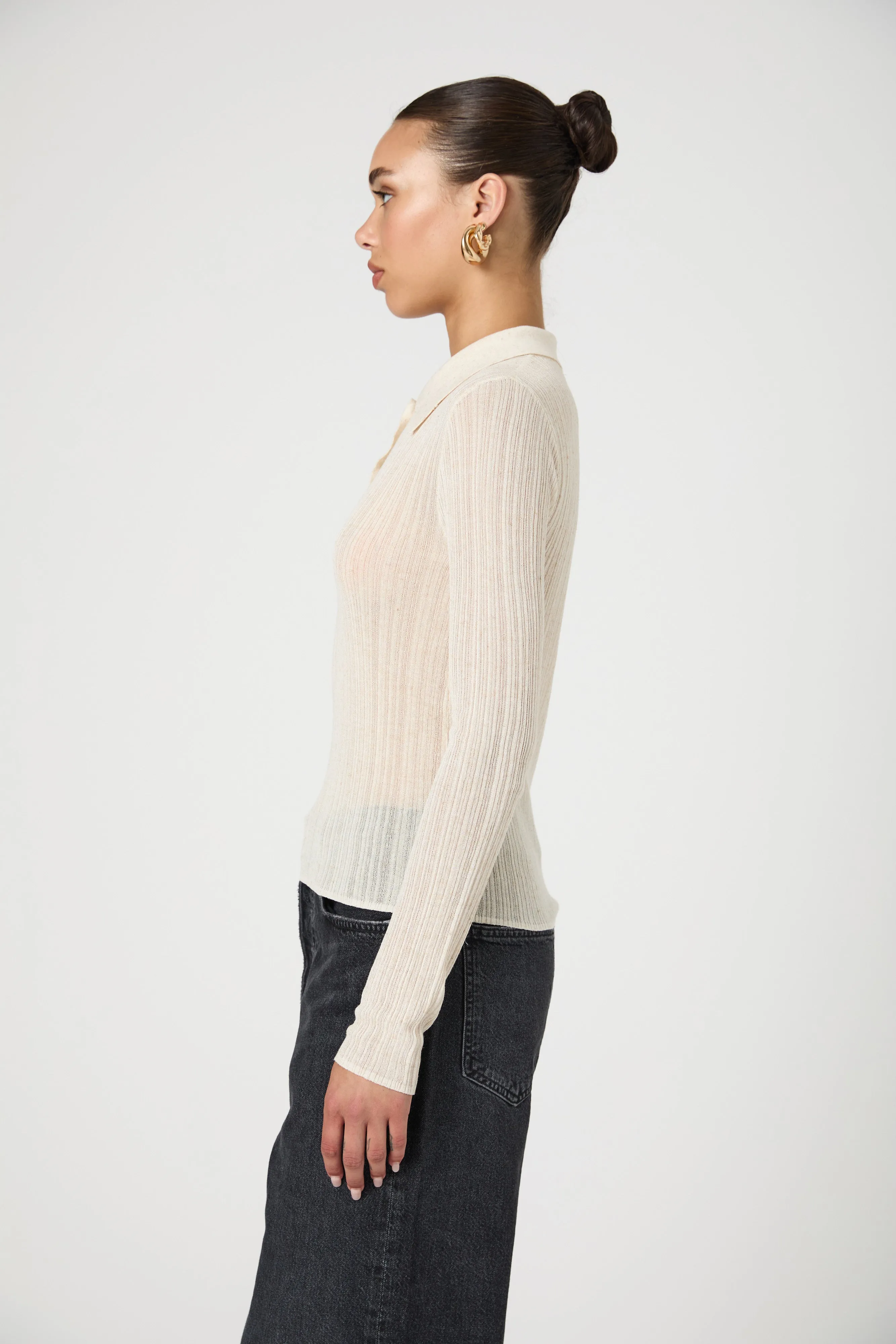 Linen Blend Knit Button Up Top