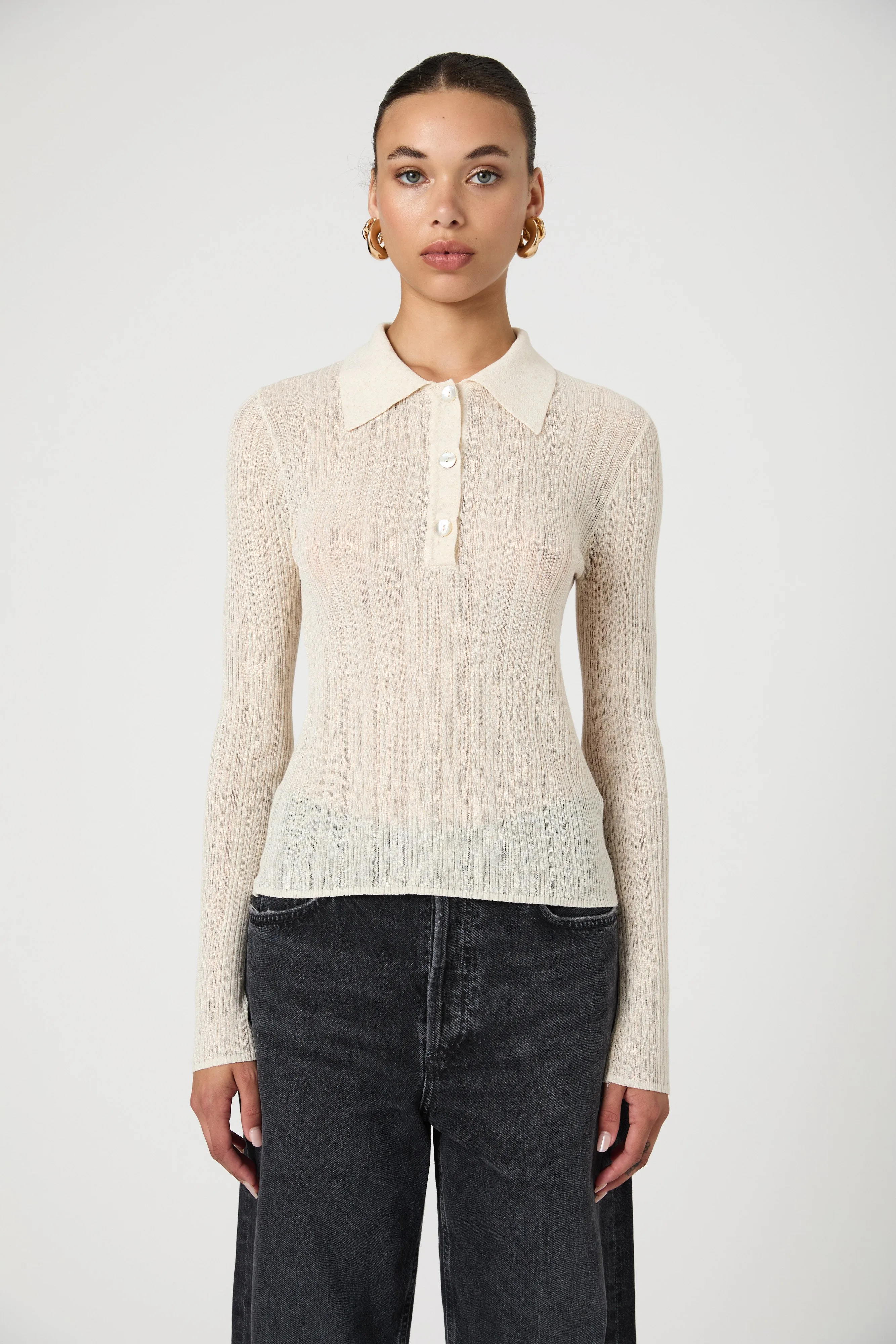 Linen Blend Knit Button Up Top