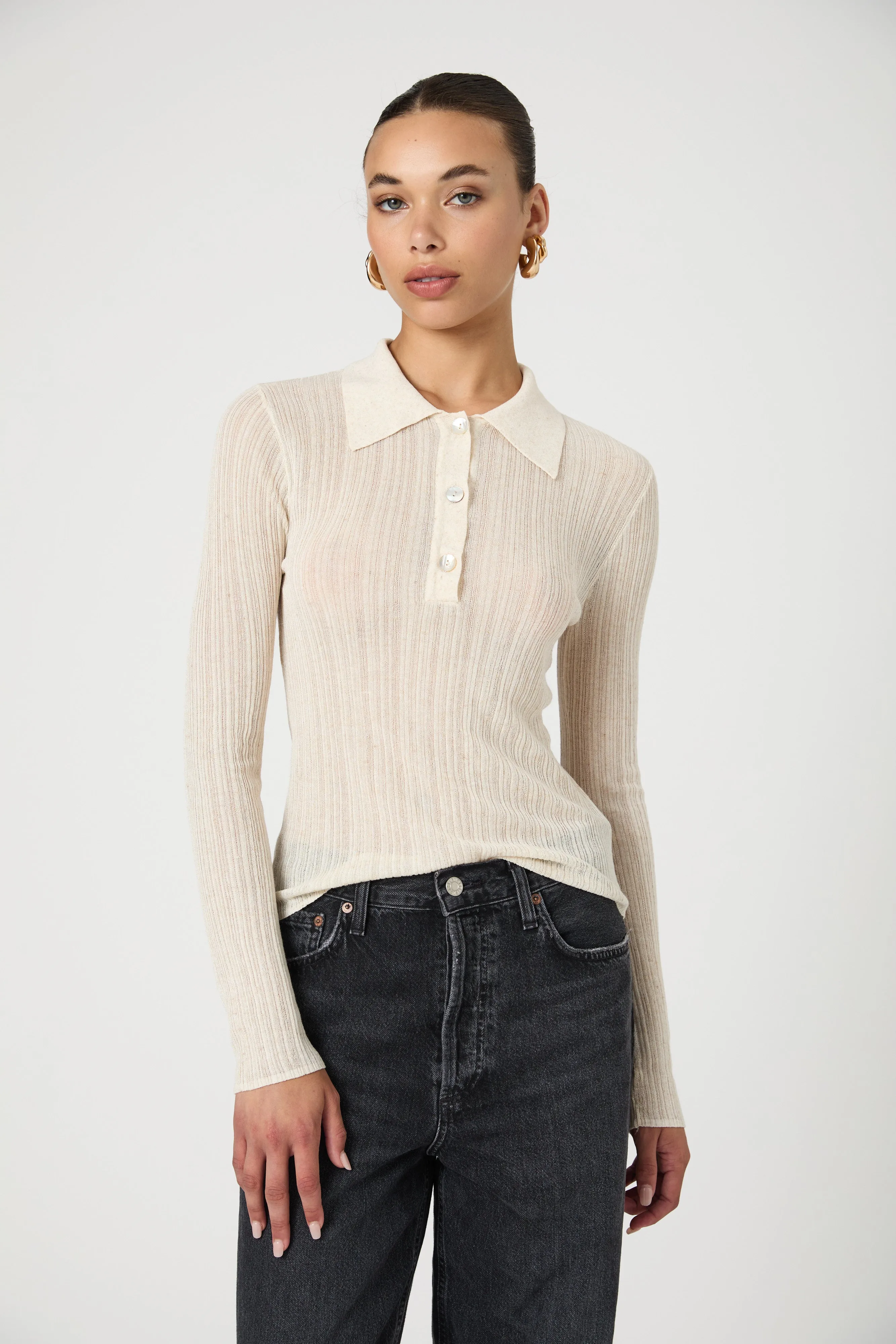 Linen Blend Knit Button Up Top